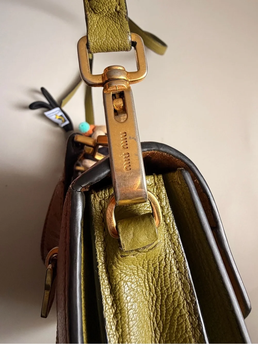 Miu Miu Green/Cognac Madras Leather Pushlock Flap Top Handle Bag
